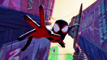 Miles Morales dives with his right hand outstretched to save someone in Spider-Man: Across the Spider-Verse