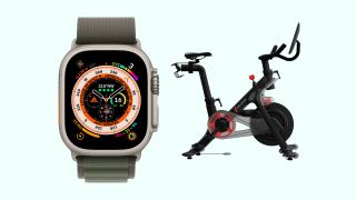 Apple Watch Ultra and Peloton Bike+ product images on teal background