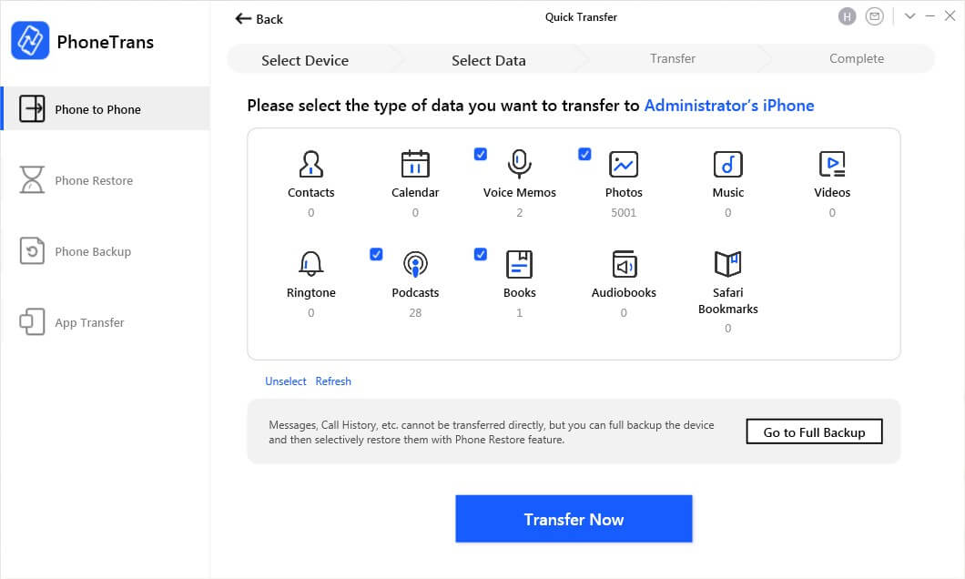 Choose Data to Transfer from iPhone to iPhone