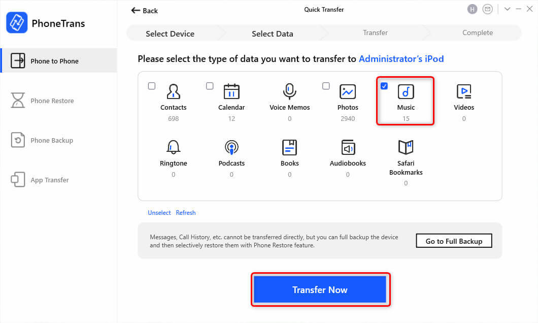 Select Data to Transfer