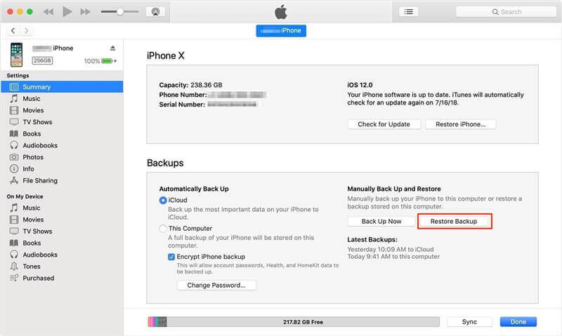 Restore iPhone from iTunes Backup