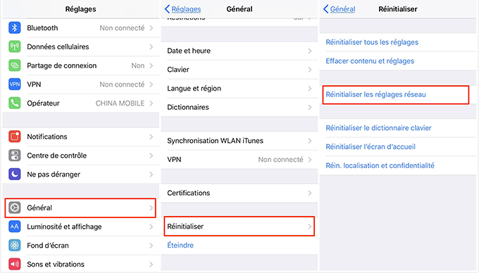 Réinitialiser les réglages réseaux sur iPhone