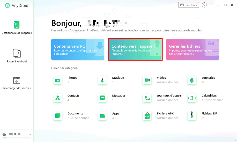 Cliquez sur Contenu vers l'appareil