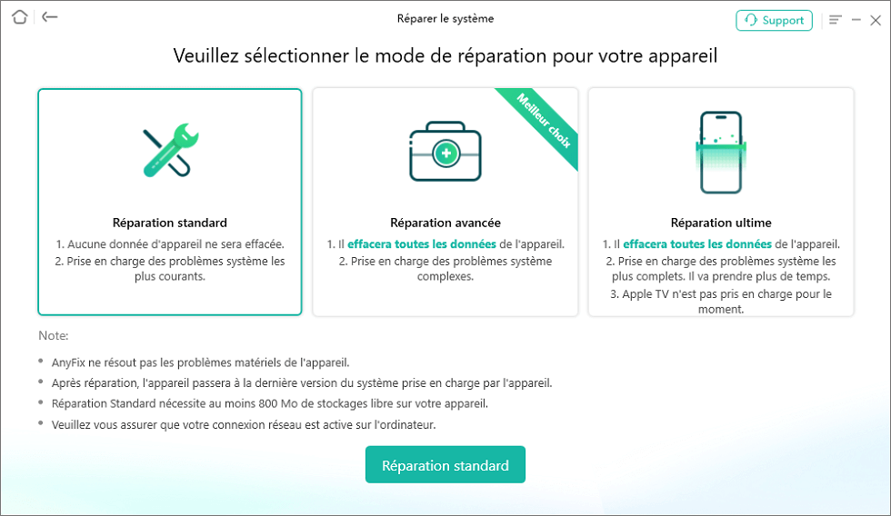 AnyFix - Choisir le mode de réparation