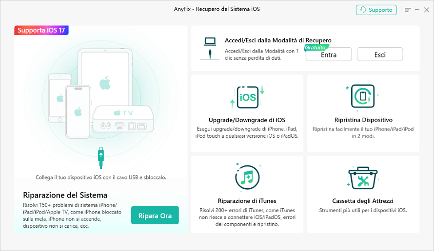 Seleziona Riparazione del iTunes nella home page di AnyFix