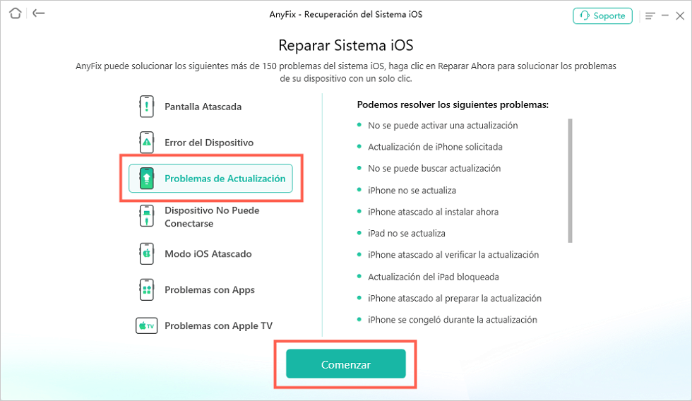 Conecta tu dispositivo al ordenador y selecciona Problemas de Actualización