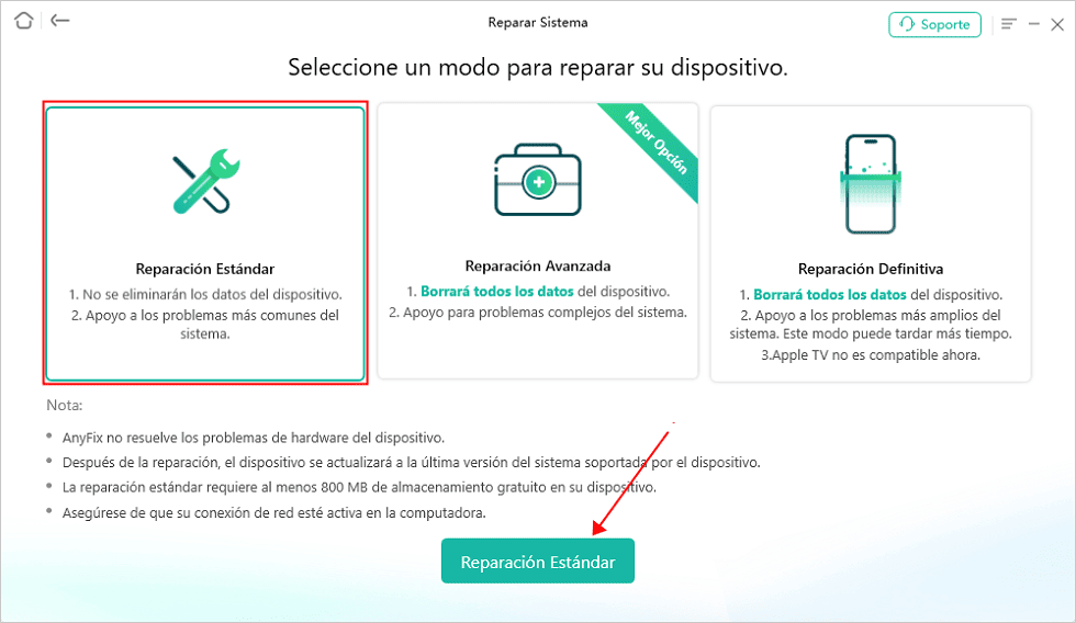 Selecciona el tipo de reparación que quieres para solucionar el iPhone atascado en el modo de recuperación