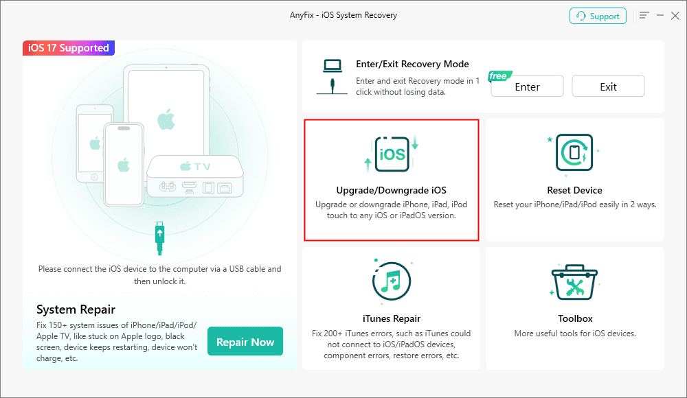 AnyFix Upgrade/Downgrade iOS Option