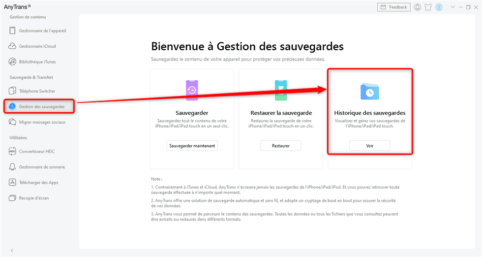 Cliquez sur Historique de sauvegardes