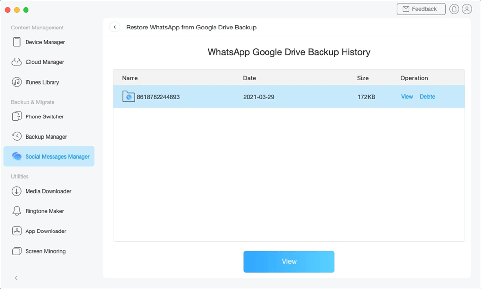 Select a WhatsApp Google Drive Backup