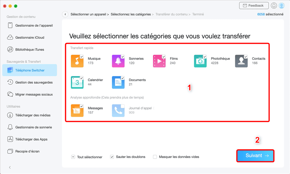 Sélectionnez les données à transfert