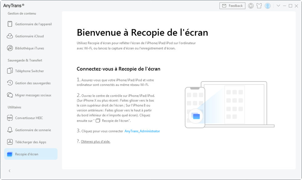 Fonctionnalité de recopie d'écran via AnyTrans