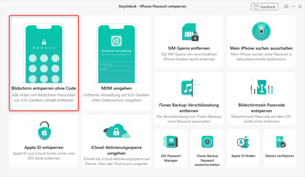 AnyUnlock-Bildschirm entsperren ohne Code
