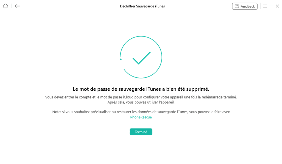 Déchiffrer sauvegarde iTunes terminé