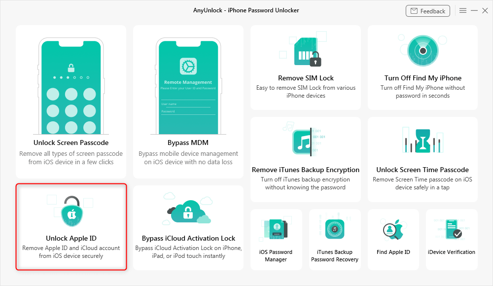 Click Unlock Apple ID from the Homepage
