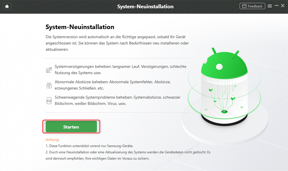 Auf Starten klicken, um Android neu zu installieren