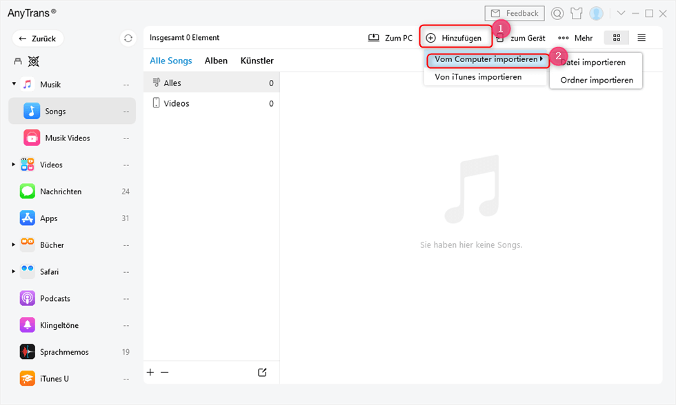 CD Musik vom Computer importieren über AnyTrans
