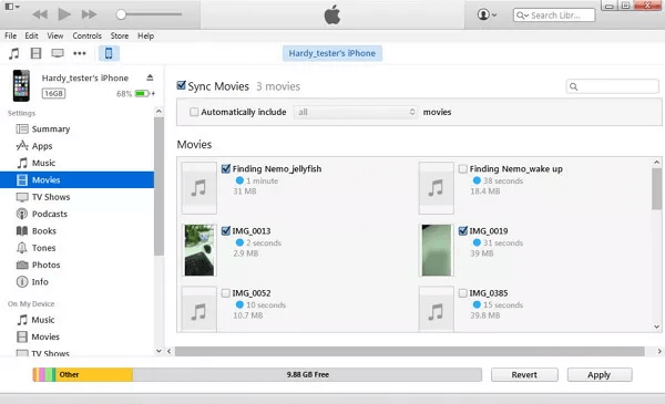 Choose Sync Movies and Click Apply