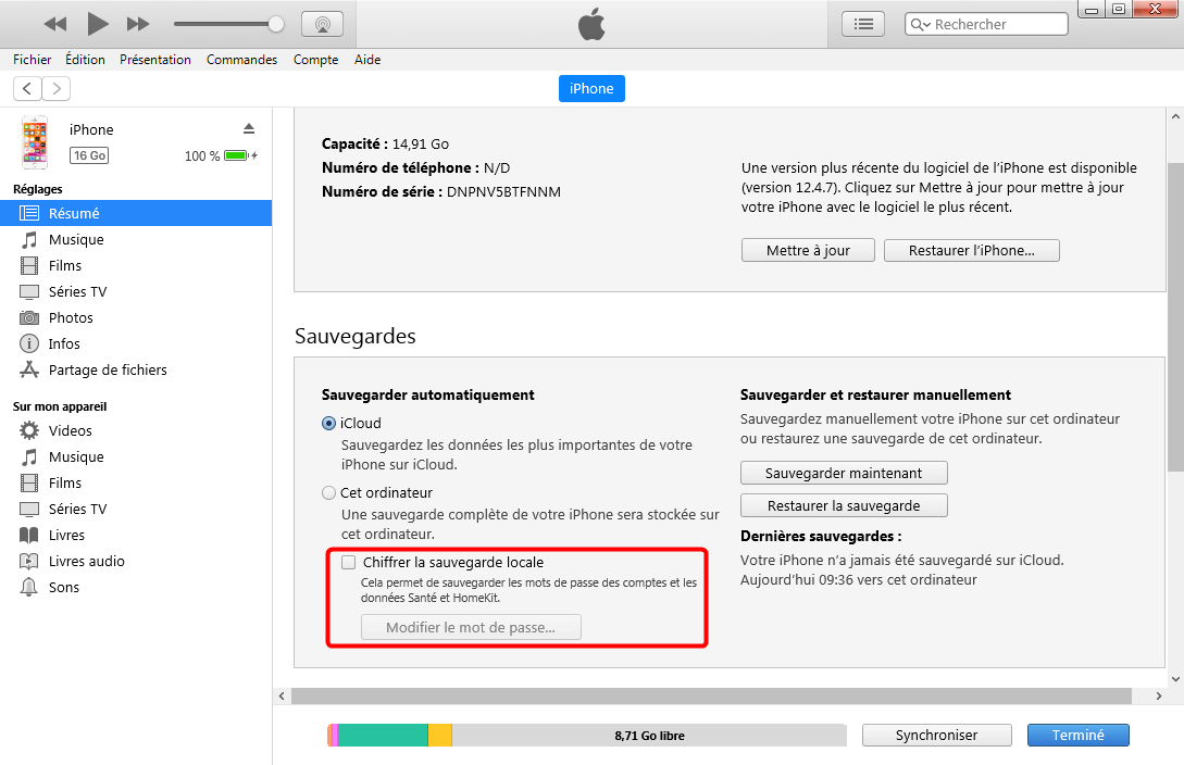 Chiffrement de sauvegarde iTunes est bien désactivé
