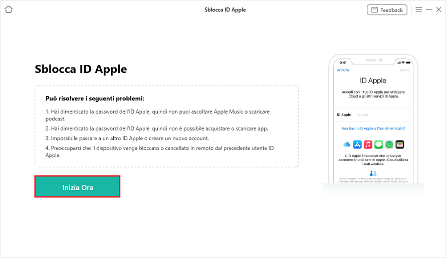 Clicca Inizia Ora per sbloccare ID Apple