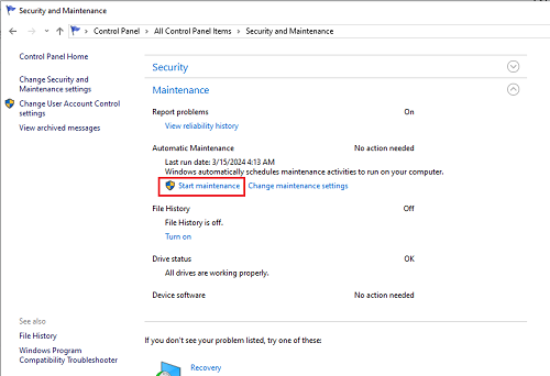 Click Start maintenance