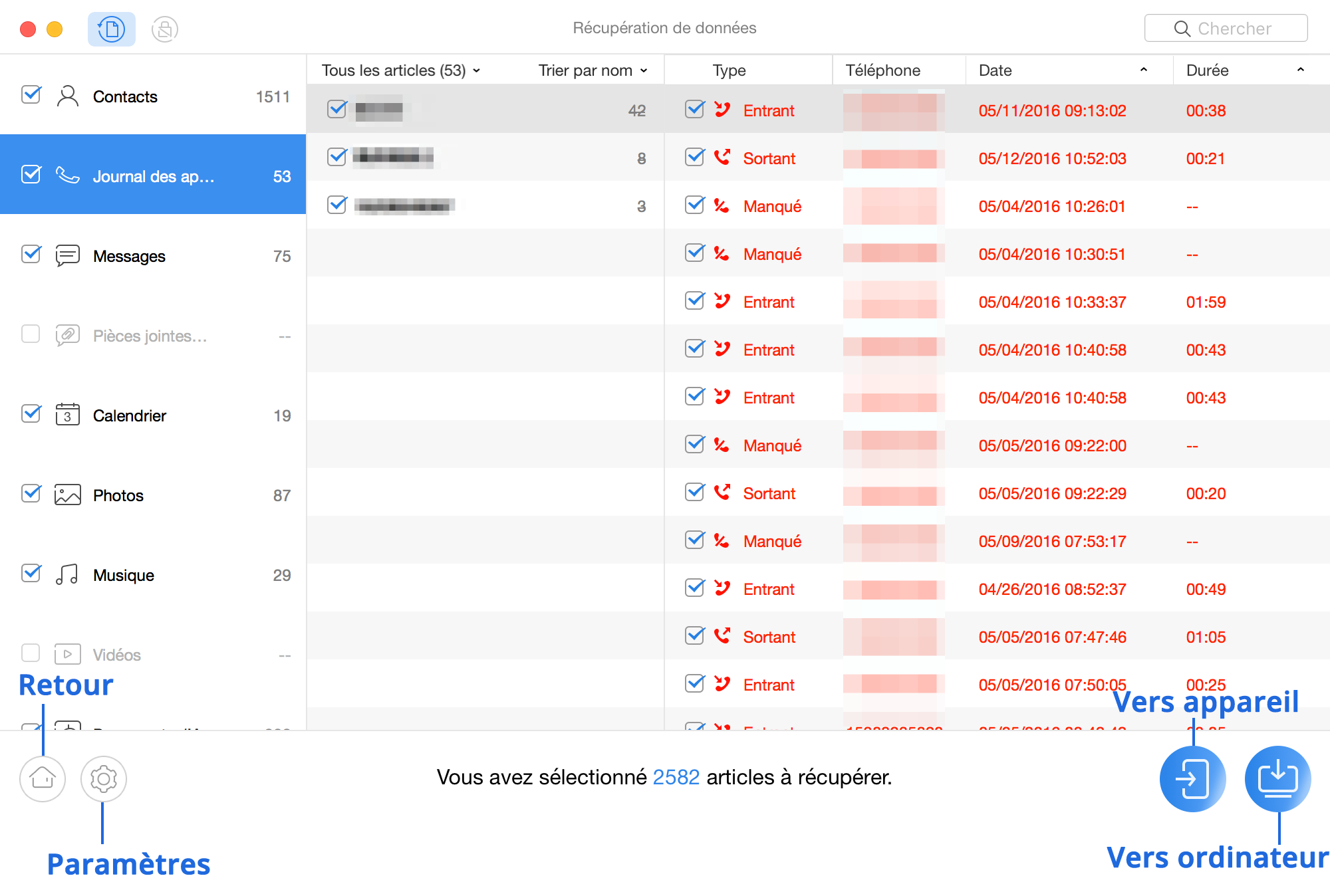 Le résultat d’analyse de PhoneRescue pour Android