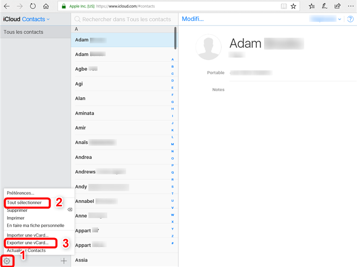 iCloud.com – Exportez les contacts