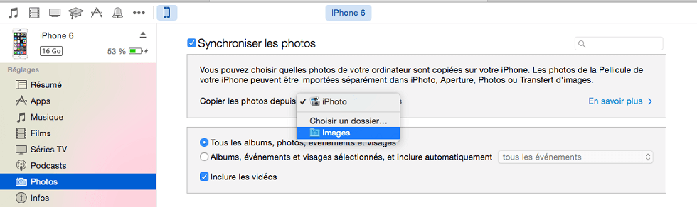 Transférer des photos de l'ordinateur à l'iPhone avec iTunes