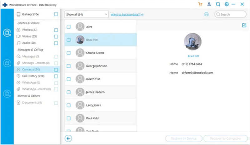 Contacts Android Recovery App - Dr.fone for Android