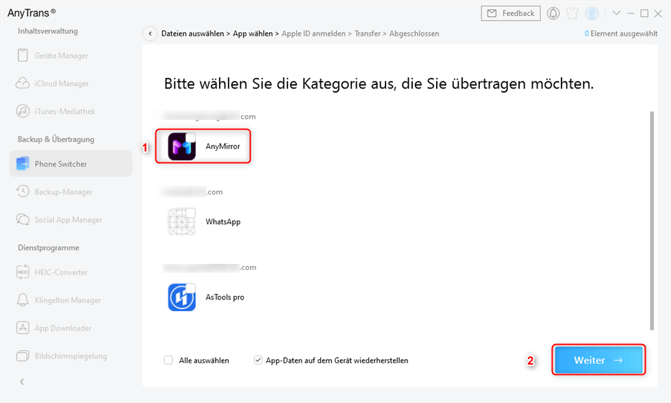 Die zu übertragenden Apps wählen