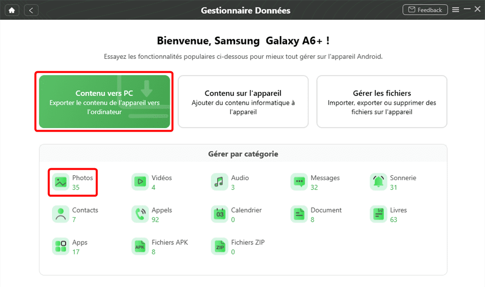 Choisissez Contenu vers PC puis Photos