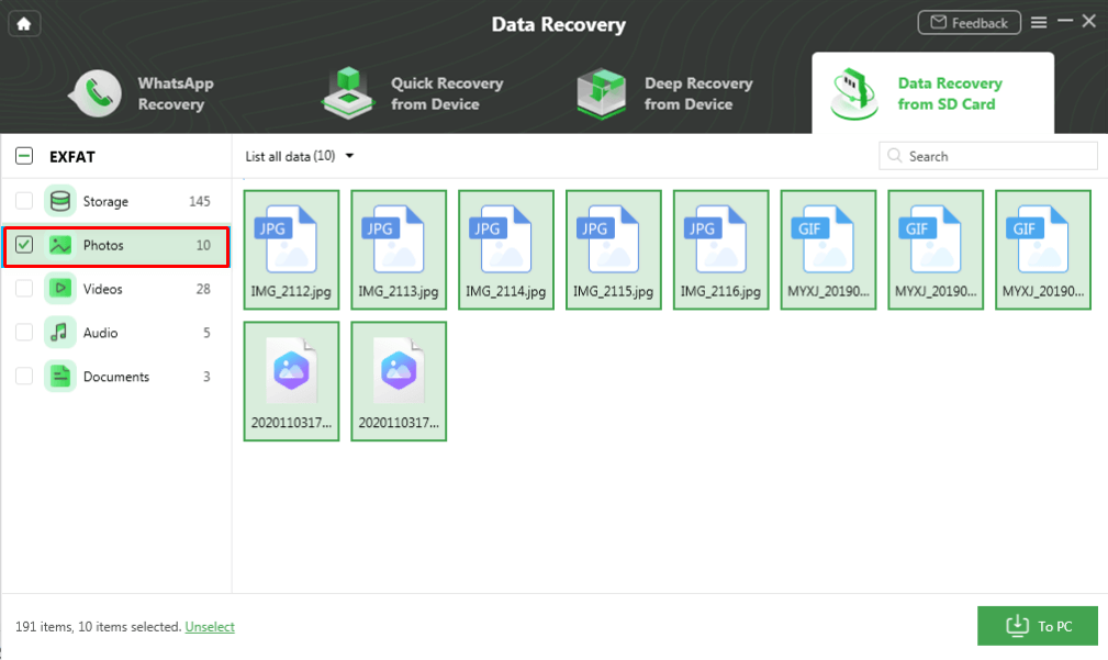 Select Data and Click To PC