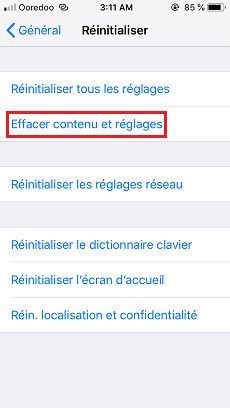 Effacer contenu et réglages