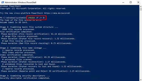 Enter the chkdsk /f /r D: command