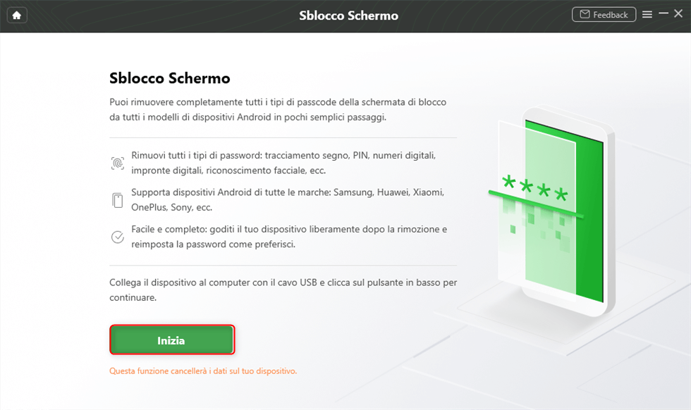 Fare clic su Inizia per sbloccare lo schermo