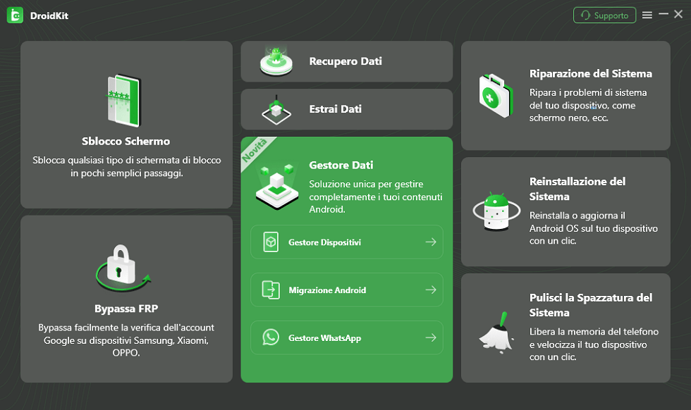 Seleziona Gestisci Dati nella home page di Droidkit