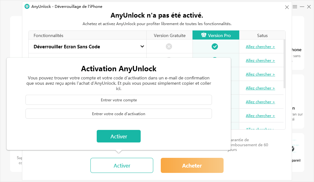 Entrez votre compte et votre code d'activation