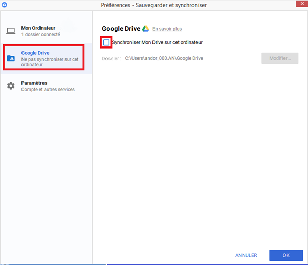 Cochez Synchroniser mon Drive sur cet ordinateur