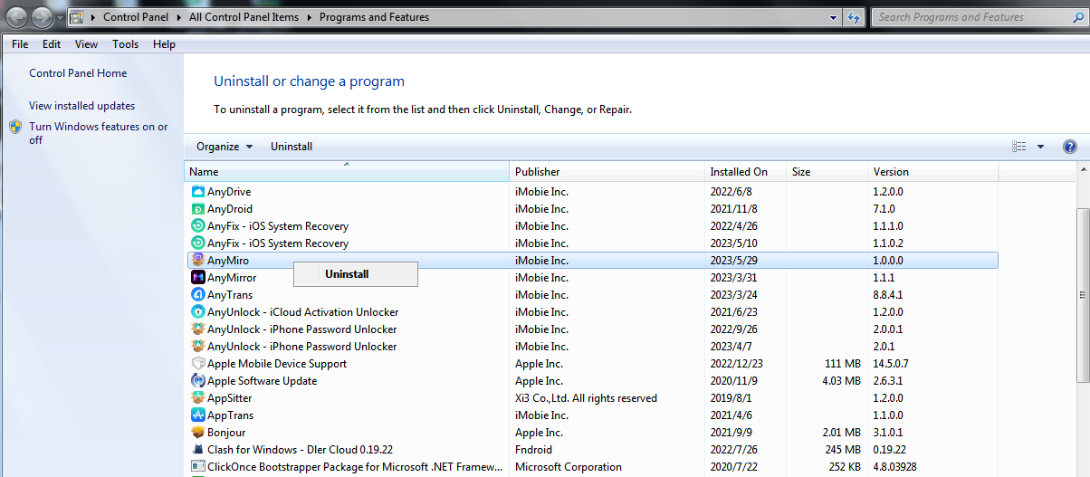 Uninstall AnyMiro from Windows Computer
