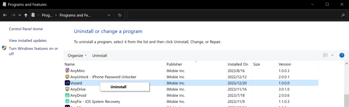 Uninstall Vozard from Windows Computer