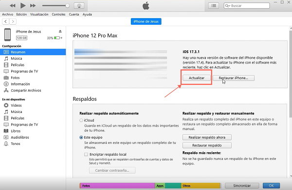 Actualizar iOS con iTunes