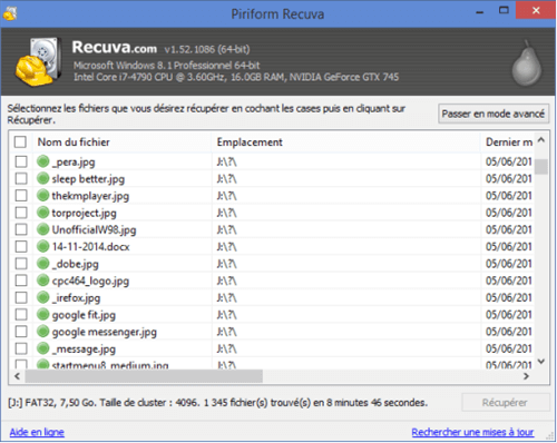 Affichage des résultats de recherche dans Recuva