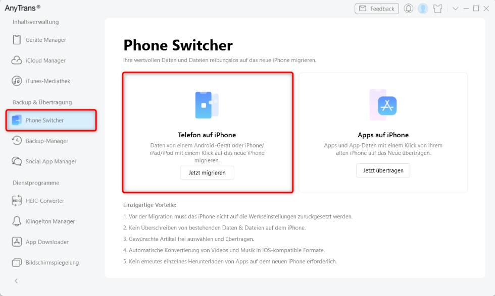 Klicken Sie auf „Telefon zu iPhone“ auf der Phone-Switcher-Site