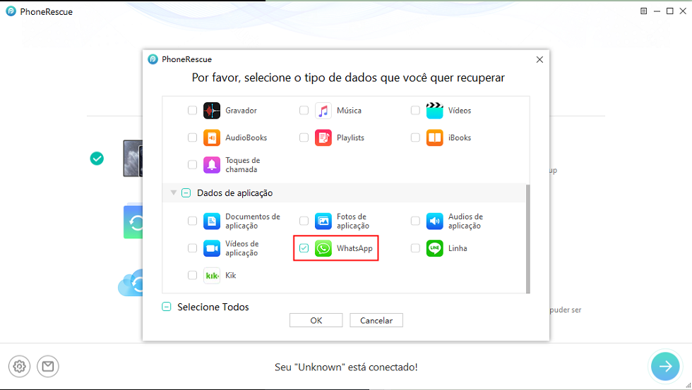 Selecione WhatsApp para recuperar em PhoneRescue