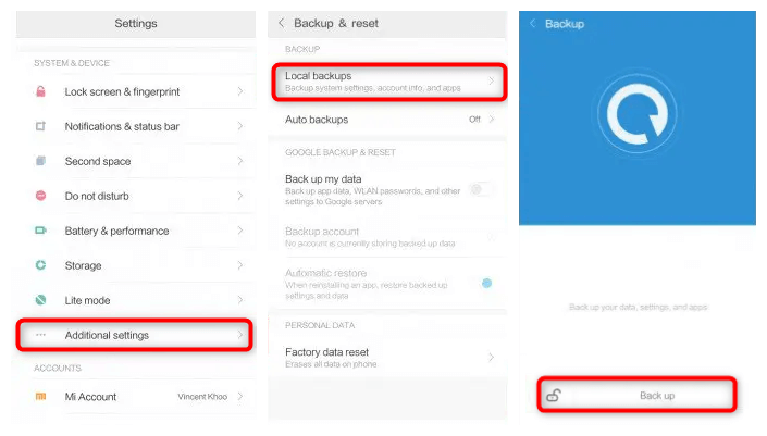 Come recuperare Xiaomi da backup locale