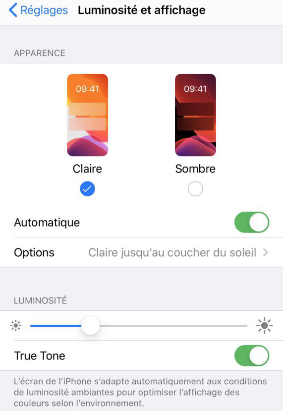 Prolonger la durée de vie de la batterie iOS 13 - Baisser la luminosité de l'écran