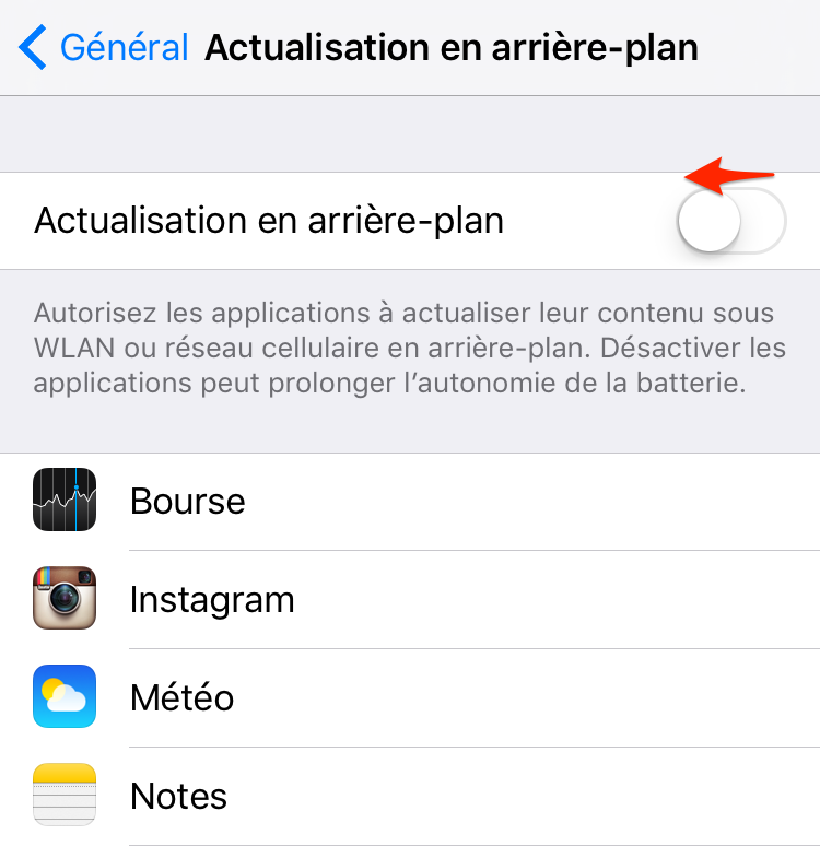 Économiser batterie iPhone iOS 13/12/11 – Désactiver l'actualisation en arrière-plan