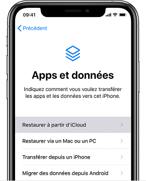 Choisissez Restaurer à partir d'iCloud