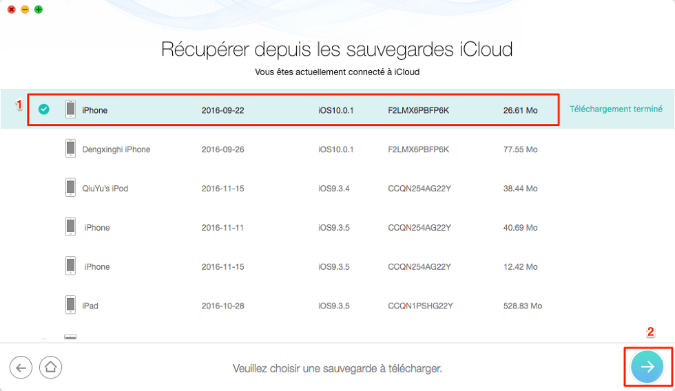 Choisissez la sauvegarde convenable