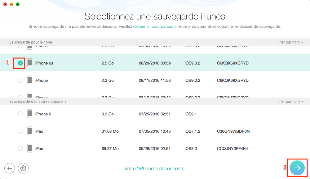 Sélectionnez une sauvegarde iTunes convenable